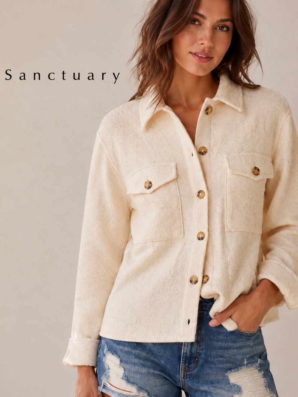 🌸Sanctuary Knit Cream Button-Front Shirt Jacket size XS Oversized Contemporary